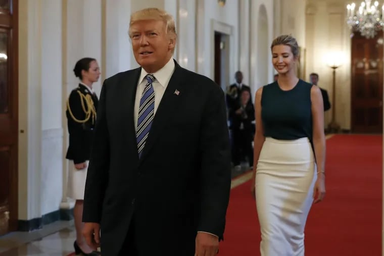 President Donald Trump, followed by his daughter Ivanka Trump, walks to the East Room of the White House in Washington, Tuesday, Aug. 1, 2017, to speak with small business owners as part of “American Dream Week.”