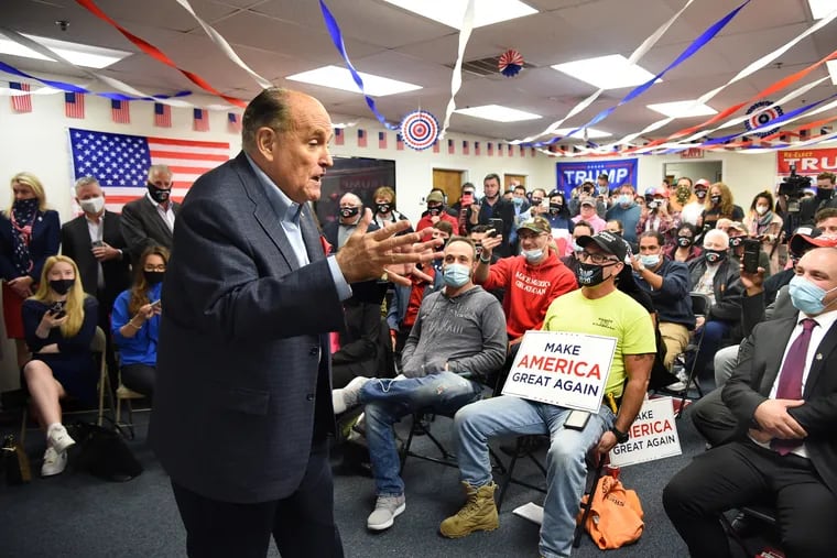 Former New York Mayor Rudy Giuliani appears at the launch of  Italian Americans for Trump, at the Trump Victory Northeast Philadelphia headquarters on Monday.