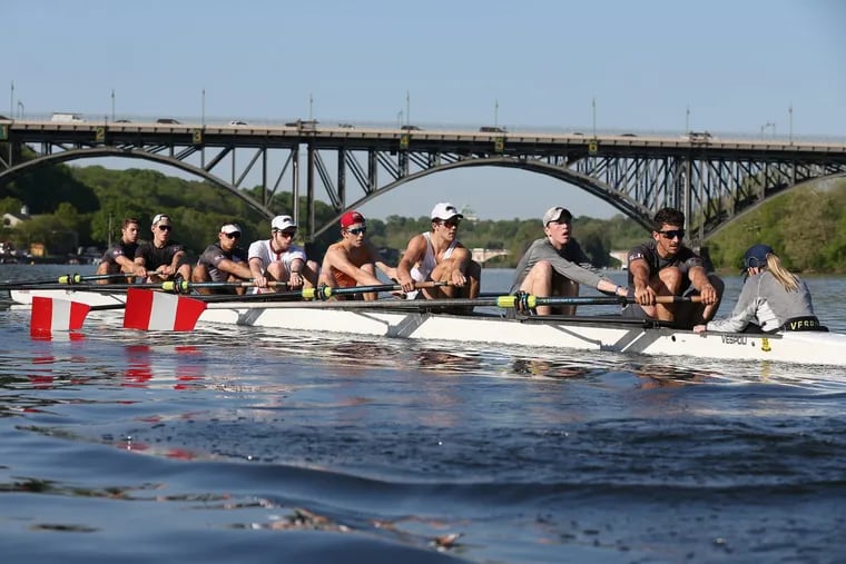 St. Joe’s varsity eight practices on the Schuylkill River on Wednesday in advance of this weekend’s Dad Vail Regatta. From left: Dave Gee, Justin Hawkins, Claudio Recchilungo, Thomson Rymer, Kjel Schlemmer, Garren Best, Riley McGwin, Jack Darling and Jennifer Reynolds.