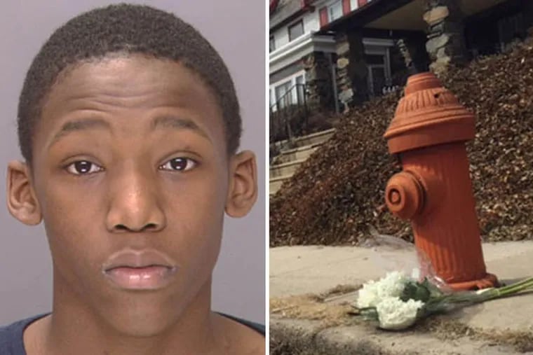 Tyfine Hamilton, 15, has been charged with murder, robbery, and related offenses in the botched robbery that killed Jim Stuhlman. At right, flowers sit last week near the place Stuhlman was found.