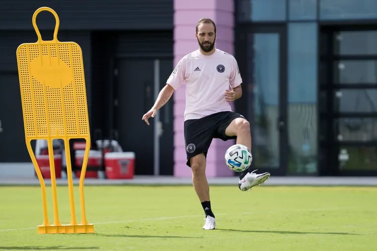 New Inter Miami star forward Gonzalo Higuain, in a practice session on Tuesday, may play against the Union on Sunday.