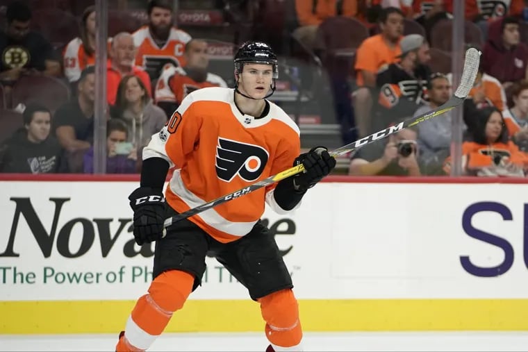 Flyers rookie defenseman Samuel Morin in action during a preseason hockey game against the Bruins.