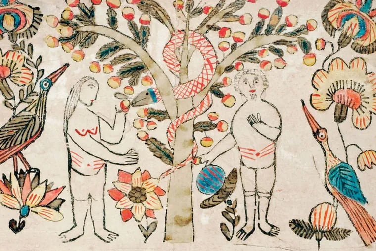 Broadside of Adam and Eve Decoration attributed to the Pseudo-Otto Artist. Probably York County, c. 1800, part of an exhibit at the Art Museum. Frakturs, named for the &quot;broken&quot; lettering, were often cherished family documents.