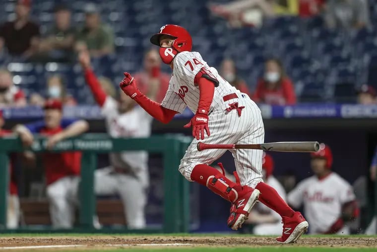 Phillies' Ronald Torreyes watches his double with base loaded against the Marlins during the 8th inning at Citizens Bank Park in Philadelphia, Tuesday, May 18, 2021