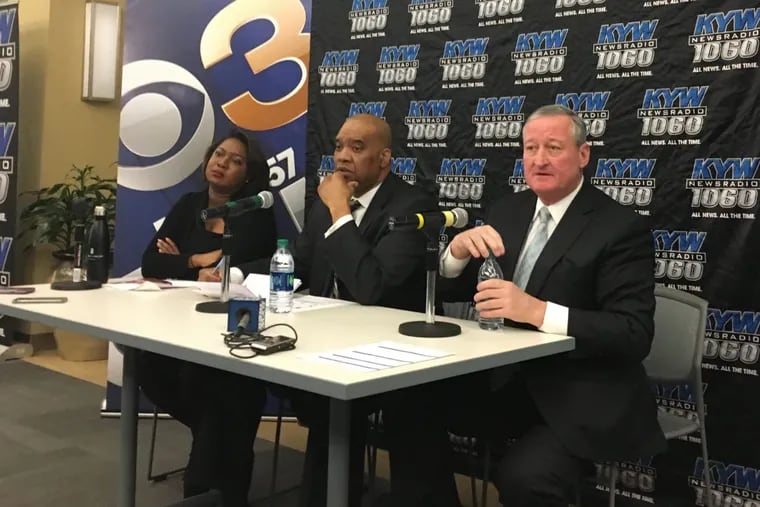 Speaking at a discussion on safe injection sites are, from left, KYW’s Melony Roy; David Jones, commissioner of the Department of Behavioral Health &amp; disAbility Services; and Mayor Kenney.