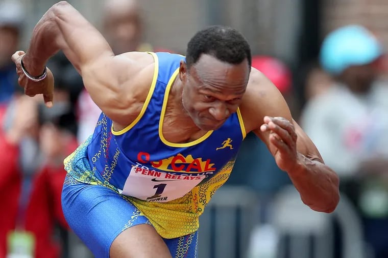 Willie Gault takes off at the start of the Masters Men’s 100 meter dash at Friday’s Penn Relays.