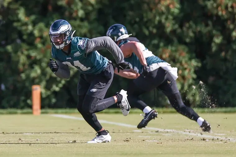 Newly acquired Philadelphia Eagles safety Kevin Byard (31) runs a drill next to safety Reed Blankenship during practice at the NovaCare Complex in Philadelphia on Thursday, Oct. 26, 2023. The Eagles will face the Washington Commanders on Sunday.