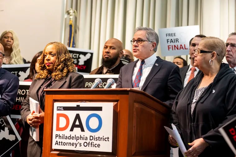 District Attorney Larry Krasner speaks at a Jan. 11 news conference about filing to block implementation of a new state law that creates a special prosecutor for crimes on SEPTA, saying it’s an unconstitutional usurpation of his authority.