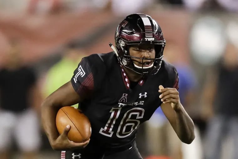 Temple quarterback Todd Centeio, shown here during a 2017 game, played two series against East Carolina on Thursday.