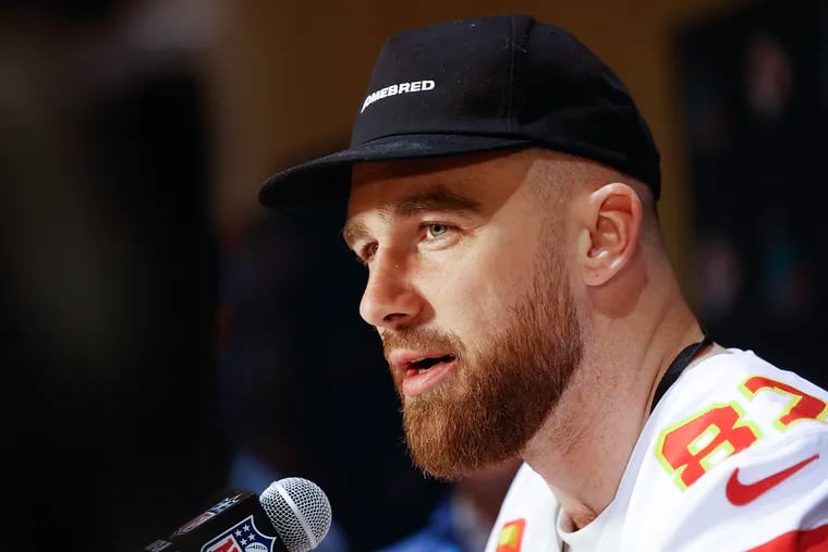 Kansas City Chiefs tight end Travis Kelce talks to the media during an availability at the Hyatt Regency Scottsdale Resort & Spa at Gainey Ranch in Scottsdale, AZ on Tuesday, February 7, 2023.