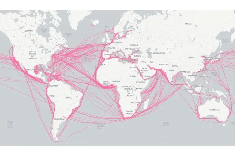 Each line represents the path of a ship in the Diamond S Shipping Group fleet in 2016. Commerce Secretary Wilbur Ross is a major investor in the company.  Ship location data provided by MarineTraffic.