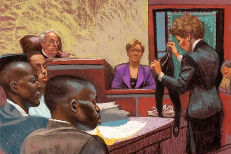 In this courtroom rendering from the first Central Park jogger trial, prosecutor Elizabeth Lederer questions victim Tricia Meili, as defendants Yusef Salaam, Raymond Santana and Antron McCray watch.