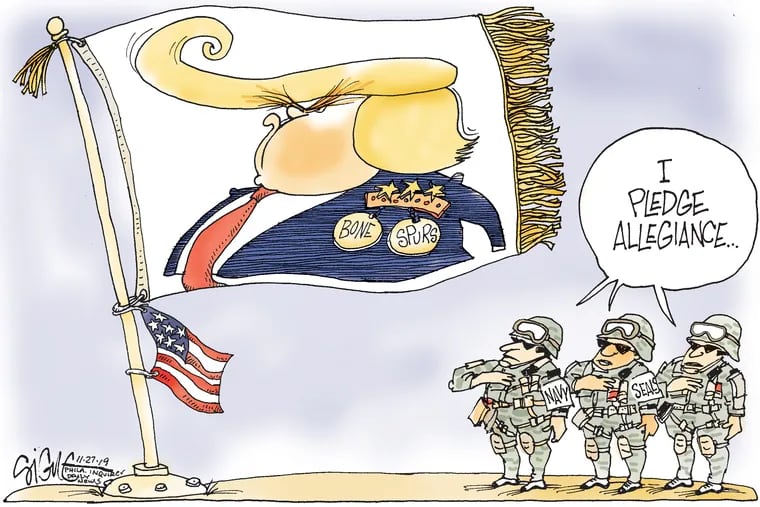 Saluting the Trump flag.