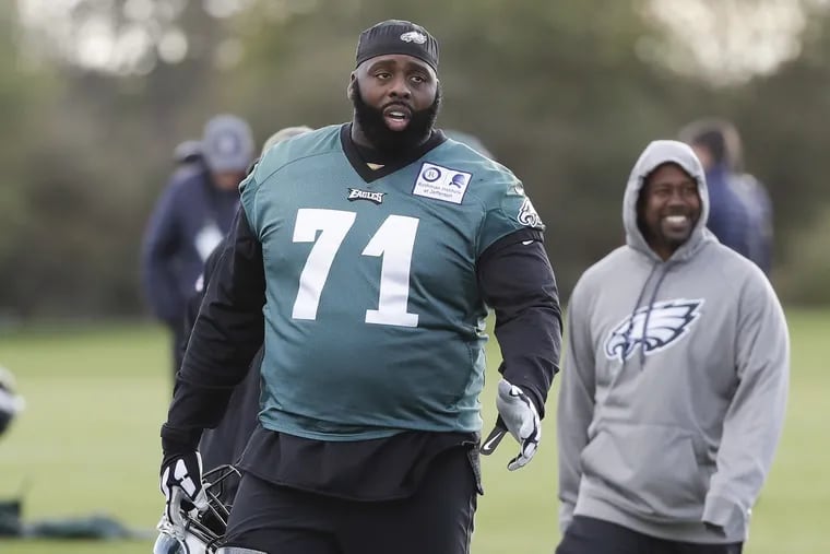 Eagles offensive tackle Jason Peters walks off the practice field at the London Irish training ground in Southwest London on Friday, October 26, 2018. YONG KIM / Staff Photographer