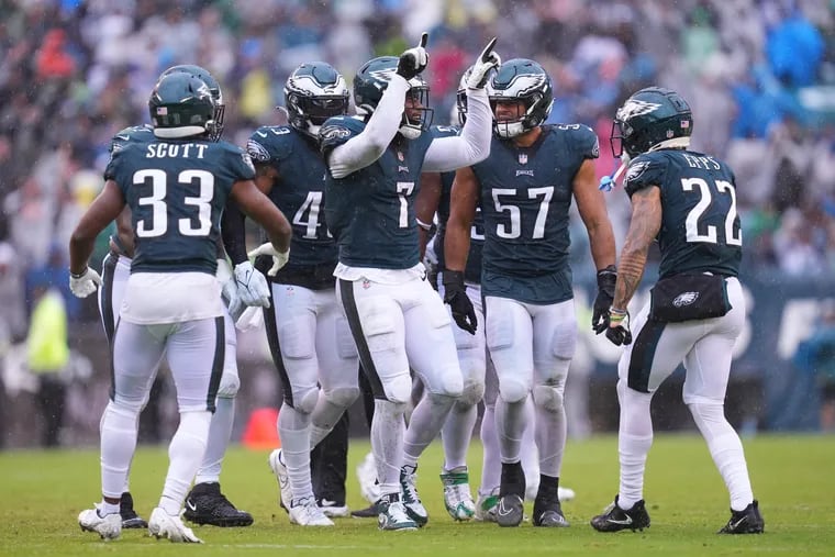 Eagles LB Haason Reddick (center, #7) celebrates after recovering a fumble during the fourth quarter against the Jacksonville Jaguars at Lincoln Financial Field on October 02, 2022 in Philadelphia, Pennsylvania. (Photo by Mitchell Leff/Getty Images)