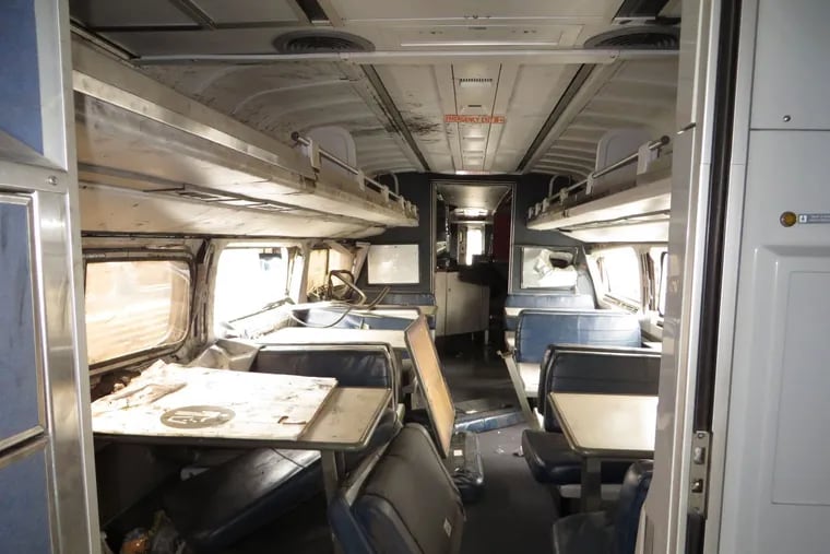 Interior view of a car of train 188. Amtrak passenger train 188 derailed on May 12, 2015, near the Frankford Junction curve, in Philadelphia, Pennsylvania.