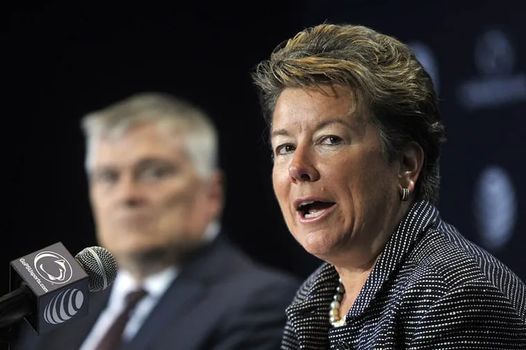 New Penn State athletic director Sandy Barbour talks with reporters in State College, Pa. on July 26, 2014. ( AP Photo / Centre Daily Times / Christopher Weddle )