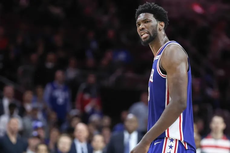 Sixers’ Joel Embiid reacts after fouling out against the Wizards during the fourth quarter at the Wells Fargo Center on Nov. 29.