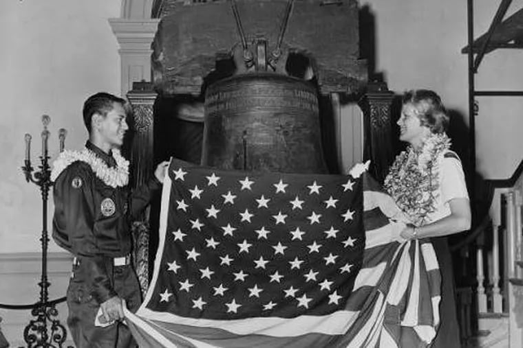 The 50-star U.S. flag displayed at the Liberty Bell in Independence Hall on July 1, 1960.