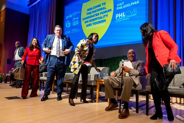 Candidates from left: Derek Green, Helen Gym, Jeff Brown, Cherelle Parker, James DeLeon, and Rebecca Rhynhart at the conclusion of a mayoral forum on hospitality and tourism at the Convention Center on March 14.