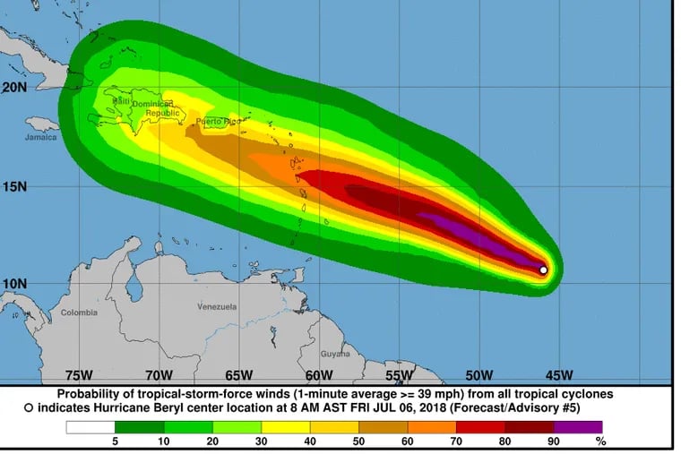 Forecast wind path for Hurricane Beryl