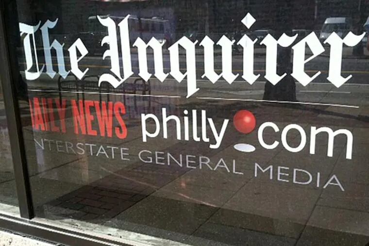 Sign outside 801 Market St. entrance to Interstate General Media, home of The Inquirer, Daily News, Philly.com (Reid Kanaley/Staff)