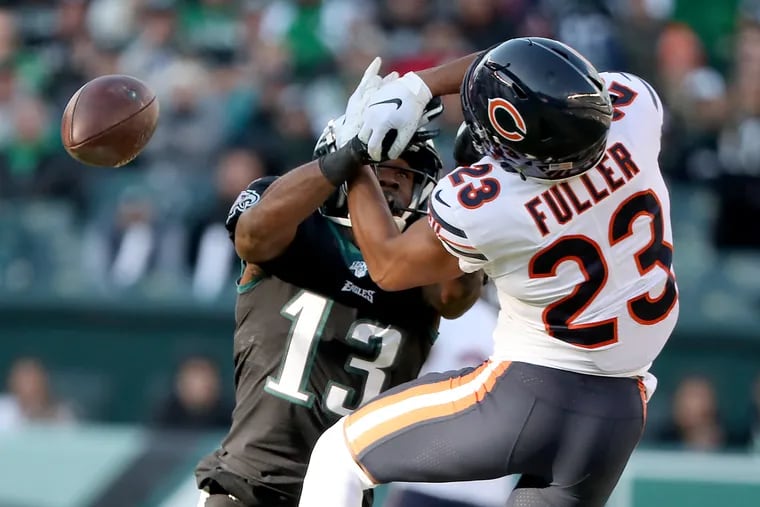 Chicago Bears cornerback Kyle Fuller, right, breaks up a pass intended for Eagles wide receiver Nelson Agholor, left, in the 2nd quarter. The Philadelphia Eagles play the Chicago Bears at Lincoln Financial Field in Philadelphia, PA on November 3, 2019.