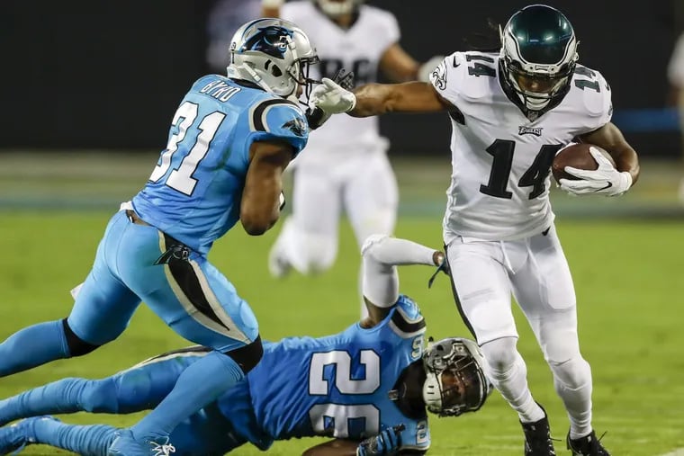 Eagles wide receiver Marcus Johnson made a key catch in the Eagles’ win over the Panthers on Oct. 12.