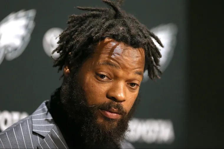 Eagles new defensive end Michael Bennett speaks during his news conference at the NovaCare Complex in Philadelphia, PA on March 19, 2018. DAVID MAIALETTI / Staff Photographer
