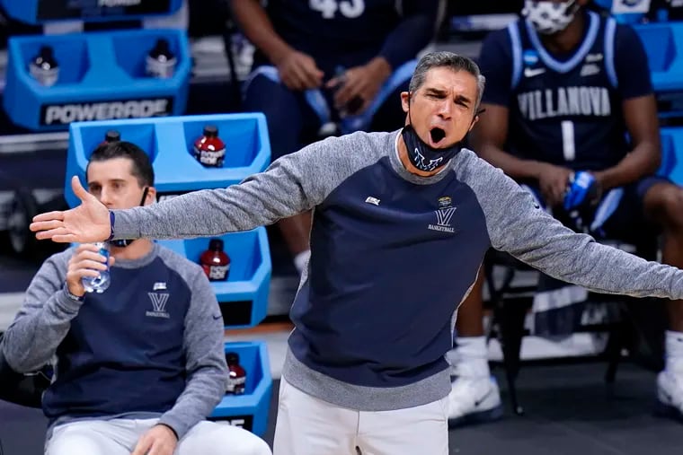 Villanova head coach Jay Wright argues a call against Baylor in the first half of a Sweet 16 game in the NCAA men’s college basketball tournament at Hinkle Fieldhouse in Indianapolis, Saturday, March 27, 2021.(AP Photo/AJ Mast)
