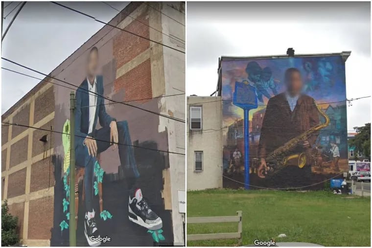 Google Street View blurs many of the faces in Philadelphia's murals, including that of Will Smith, at left, and John Coltrane, at right.