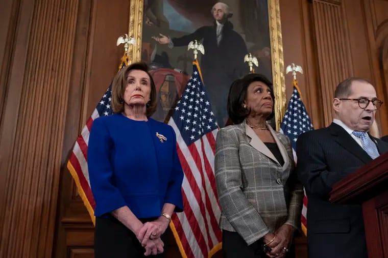 From left, House Speaker Nancy Pelosi (D., Calif.), House Financial Services Committee Chairwoman Maxine Waters (D., Calif.), and House Judiciary Committee Chairman Jerrold Nadler (D., N.Y.) announce they are pushing ahead with two articles of impeachment against President Donald Trump.