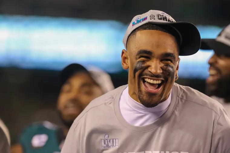 Eagles quarterback Jalen Hurts is all smiles after winning the NFC championship on Sunday.