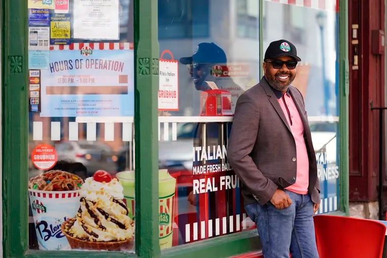 Business owner Aaron Anderson at his Rita's Italian Ice location in Philadelphia, Friday, March 26, 2021.