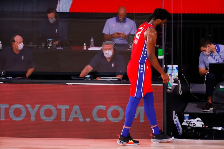 Joel Embiid left Sunday's game against the Portland Trail Blazers at Visa Athletic Center at ESPN Wide World Of Sports Complex.