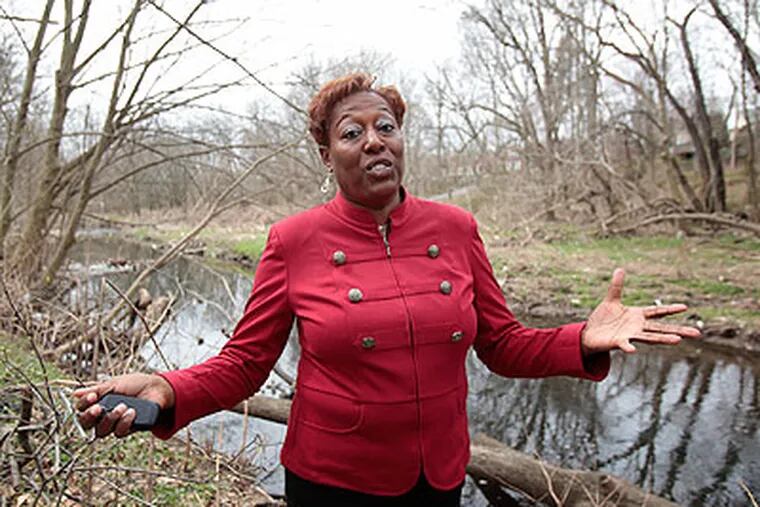 Block captain and community activist Tracey Gordon stands on the banks of Cobbs Creek and talks about the trash problem there. (Ed Hille / Staff Photographer)