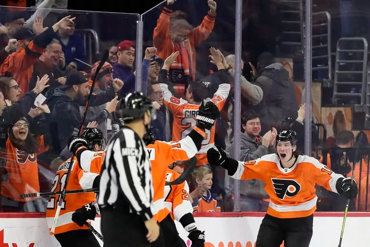 Flyers center Nolan Patrick celebrates his game winning overtime goal against the Edmonton Oilers on Saturday, February 2, 2019 in Philadelphia.