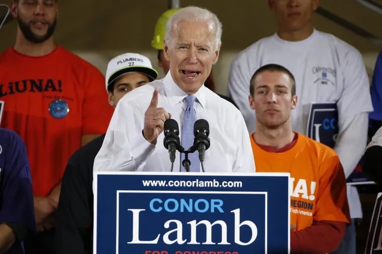 Former Vice President Joe Biden speaks at a March 6 rally in support of Conor Lamb at the Carpenters Training Center in Collier, Pa., on March 6, 2018.