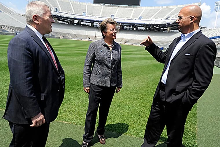 Penn State President Eric Barron, athletic director Sandy Barbour and football coach James Franklin. (Christopher Weddle/Centre Daily Times/AP)