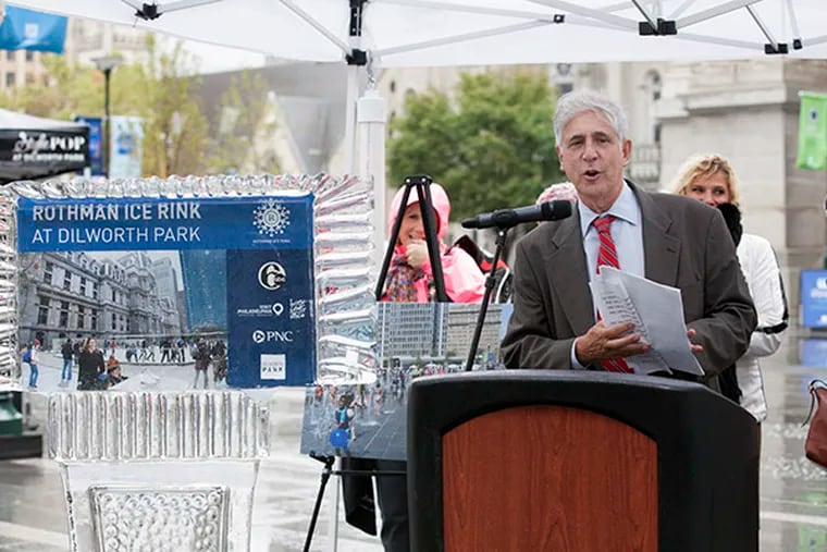Paul Levy, founding chief executive of the Center City District, speaks at a press conference to announce that the new Rothman Institute Ice Rink will open at Dilworth Park on November 14. This event was held on October 15, 2014, at Dilworth Park.  (Jessica Griffin/Staff Photographer)