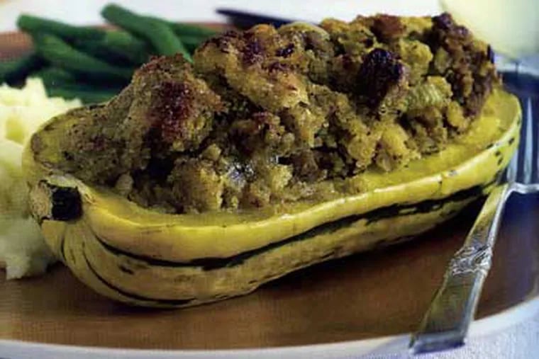 Meatless but grand: Delicata Squash Stuffed With Apple Cornbread Dressing, from "The Adaptable Feast" by Ivy Manning, can take center stage and please vegans and celiacs.