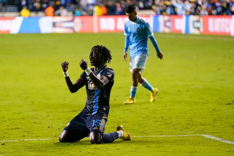 The Philadelphia Union's Olivier Mbaizo exults last Sunday after his team defeated New York City F.C. to advance to the championship match. The Union will play face Los Angeles F.C. for the MLS Cup Saturday.