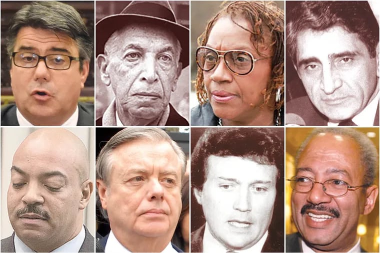 Elected Philadelphia officials who were convicted, or pleaded guilty or no contest, in corruption cases. Top row: Bobby Henon, George X. Schwartz, LeAnna Washington, James J. Tayoun. Bottom row: Seth Williams, Vincent J. Fumo, Michael J. "Ozzie" Myers, Chaka Fattah.