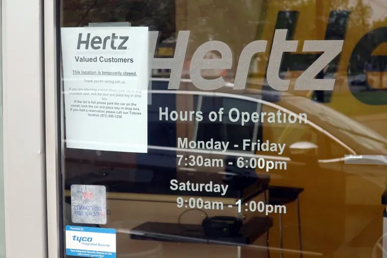 A Hertz Car Rental outlet closed during the coronavirus pandemic in Paramus, N.J.