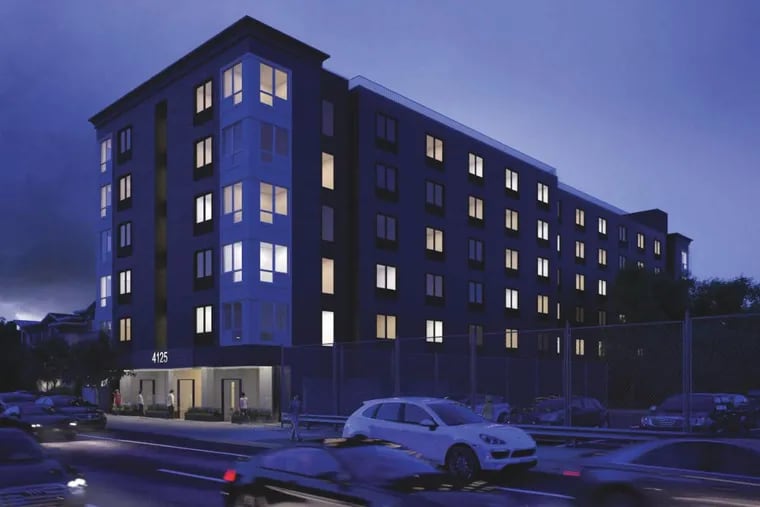 Artist's rendering of six-story apartment building proposed for 4125 Chestnut St., the current site of the Chestnut Wash N Lube car wash.