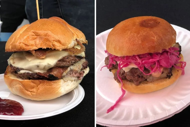 The peanut butter and jelly burger from Lucky's Last Chance, left, and the patty melt from Northeast Sandwich Co. won the burger category at Burger Brawl 2018. (This patty melt was built on a brioche bun, as the chef had run out of rye bread.)