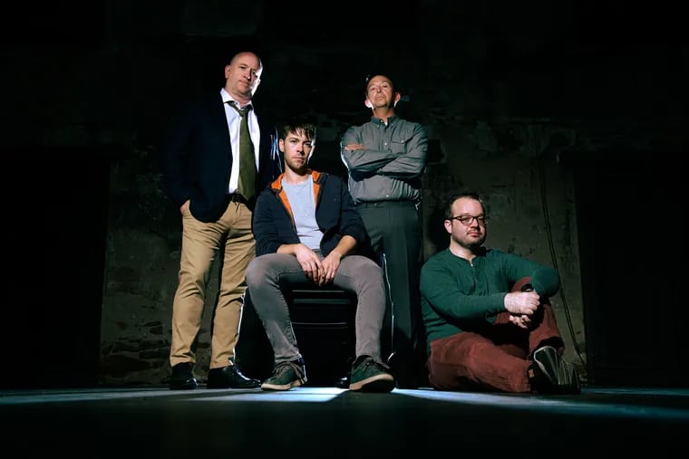The cast of "The Pillowman" at Hedgerow Theatre Company. Pictured from left: Pete Pryor, James Kern, Stephen Patrick Smith, and Daniel Romano.