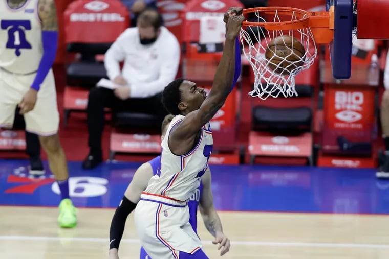 Paul Reed, here dunking against the Orlando Magic in May, had a monster summer game Sunday.