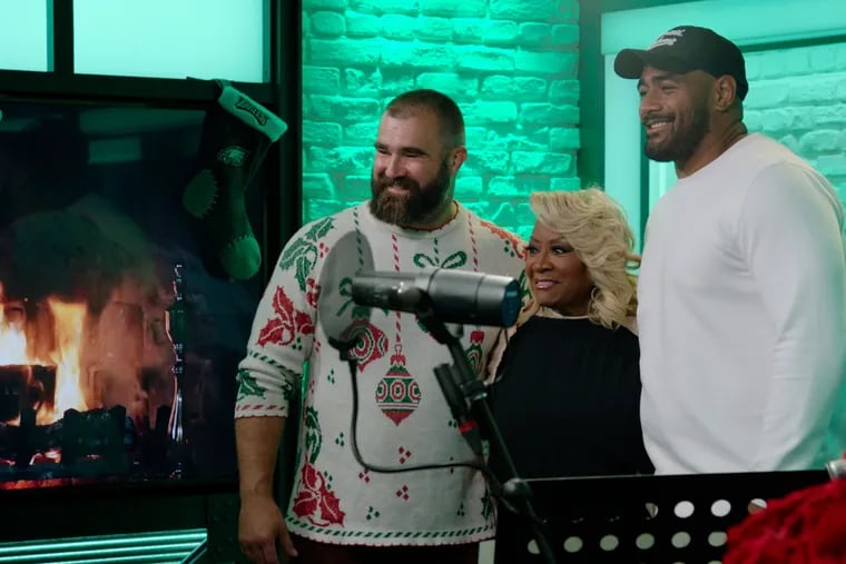 Jason Kelce (left), Patti LaBelle, and Jordan Mailata, who all sang on "A Philly Special Christmas Special." The album has raised $3 million for various Philadelphia charities.