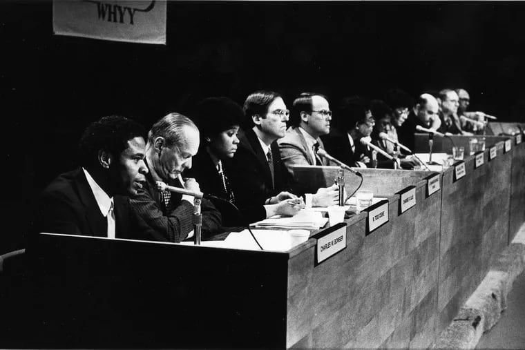 The MOVE Commission releases its findings at a WHYY news conference on March 6, 1986. In foreground, commission member Charles Bowser, an attorney, is speaking.